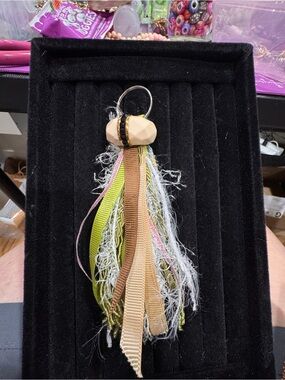 Stylish Multi-Texture Tassel Keychain in Beige and Green